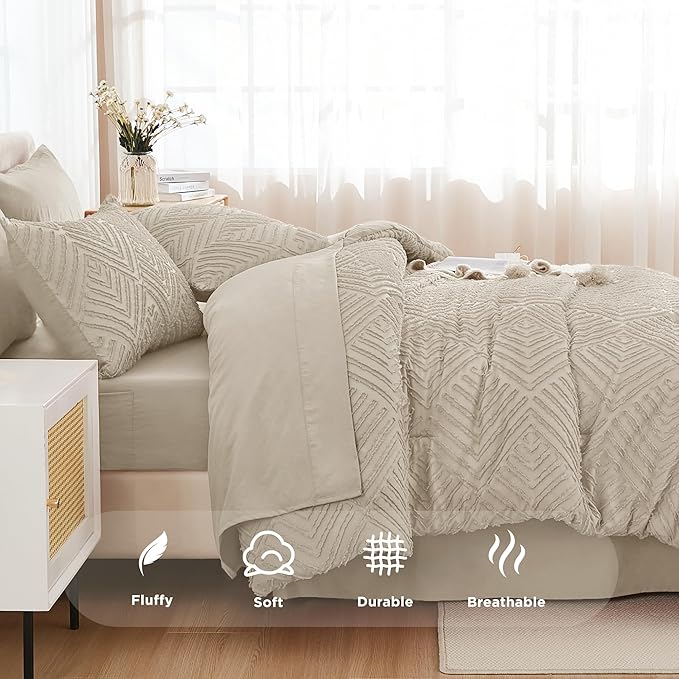 Andency Oversized Queen Size Comforter Set with Sheets Oatmeal - 7 Pieces Bed in a Bag Oversized Queen Boho Tufted Lightweight Bedding Sets with Comforter, Sheets, Pillowcases & Shams