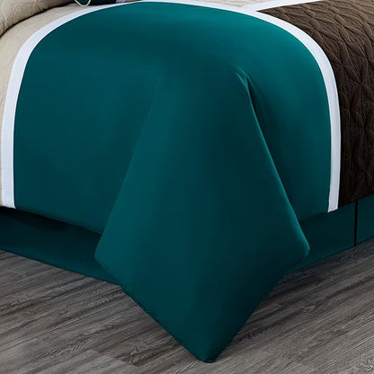 Chezmoi Collection Upland 7-Piece Quilted Patchwork Comforter Set, Teal/Beige/Brown, Full