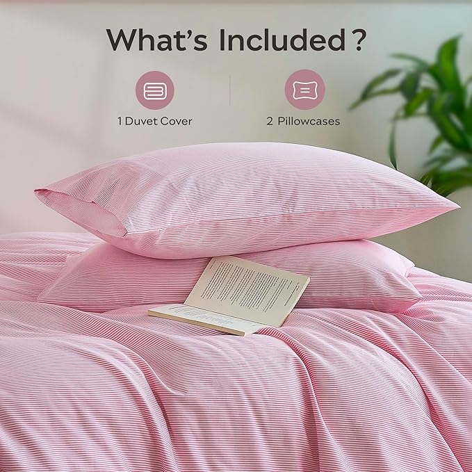 JELLYMONI 100% Natural Cotton 3pcs Striped Duvet Cover Sets,White with Pink Stripes Pattern Printed Comforter Cover,with Zipper Closure & Corner Ties(King Size)