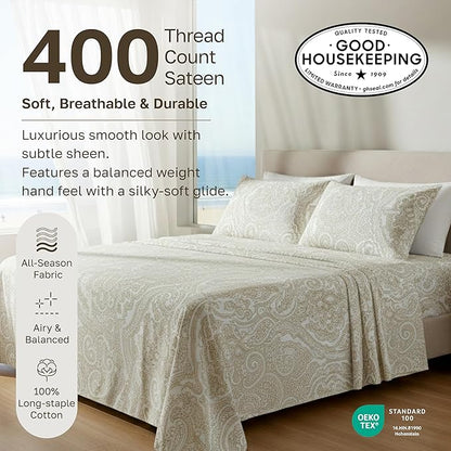California Design Den Full Size Bed Sheets Set - 400 Thread Count Sateen, Natural 100% Cotton Sheets, Deep Pocket and Durable Bedding - Paisley Pattern, Beige
