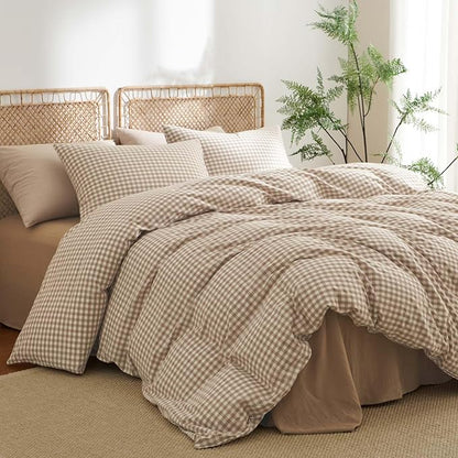 Nayoroom Gingham Duvet Cover King Size 100% Washed Cotton Brown Tan Plaid Checkered Comforter Cover 3 Pcs Soft Breathable Grid Farmhouse Dorm Bedding Set for All Seasons