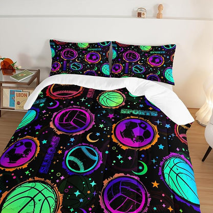 Ball Games Bedding Basketball Football Baseball Queen Comforter Set,Colorful Neon Stars and Moon Bedding Set for Kids Girls Boys Room Decor,Sports Aesthetic Bedding Sets with 2 Pillowcases.