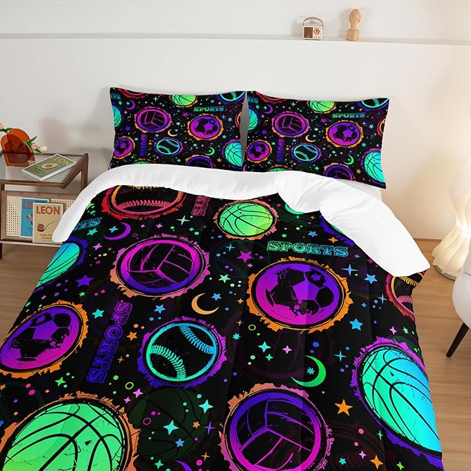 Ball Games Bedding Basketball Football Baseball Full Comforter Set,Colorful Neon Stars and Moon Bedding Set for Kids Girls Boys Room Decor,Sports Aesthetic Bedding Sets with 2 Pillowcases.