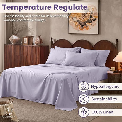 100% Linen Sheets King Size,Breathable & Durable 4-Piece Bed Flax Sheet Set,Soft All-Season Bedding for Hot Sleepers 16" Deep Pocket Oeko-TEX Certified,（King, Light Purple）