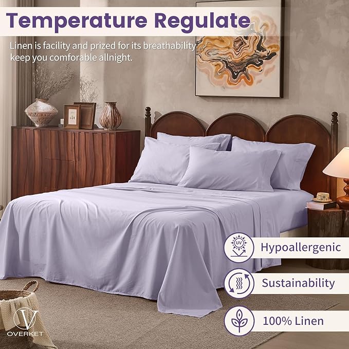 100% Linen Sheets Queen Size,Breathable & Durable 4-Piece Bed Flax Sheet Set,Soft All-Season Bedding for Hot Sleepers 16" Deep Pocket Oeko-TEX Certified,（Queen, Light Purple）