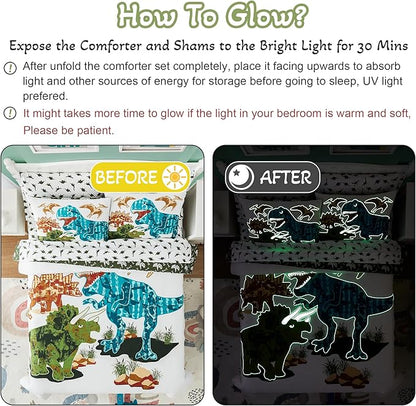 Twin Kids Comforter Set - 5 Pieces Twin Bedding Sets for Boys Teen, Glow in The Dark Dinosaurs Bed in A Bag with Sheets