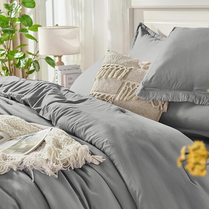 Andency Queen Comforter Set with Sheets Medium Grey - 7 Pieces Boho Tassel Bed in a Bag Soft Lightweight Bedding Sets, Fringe Bed Set with Comforter, Sheets, Pillowcases & Shams