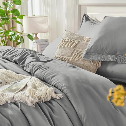 Andency Queen Comforter Set with Sheets Medium Grey - 7 Pieces Boho Tassel Bed in a Bag Soft Lightweight Bedding Sets, Fringe Bed Set with Comforter, Sheets, Pillowcases & Shams