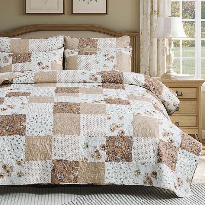 VIVILINEN Full Queen Size Brown Floral Plaid Patchwork Quilt Set Reversible Quilted Bedspread Coverlet Set 3-Piece Comforter Bedding Set Bed Cover with 2 Pillow Shams