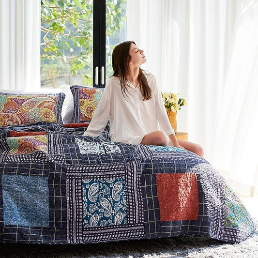 Secgo California King Quilt Size - 100% Cotton Oversized California Comforter Set Bedding Sets (120 * 110 Inch) with 2 Pillow Shams, Patchwork Reversible Lightweight Bedspread