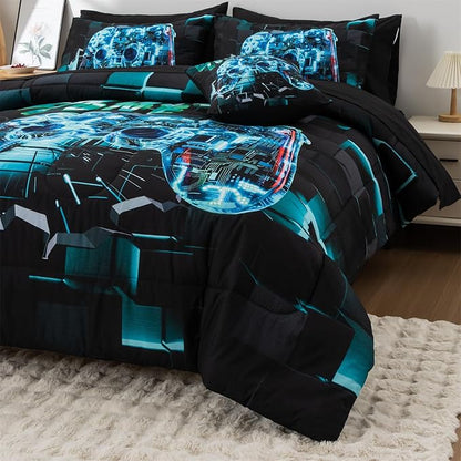 Aimuan Gamer Gaming Bedding Sets 3D Gamepad Comforter Sets for Boys Games Console Action Buttons Novelty Colorful Game Controller Modern Room Decor Home Quilt Set (Cyan, Twin 6PCS)