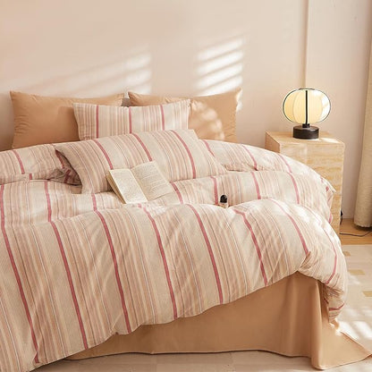Brown Striped Queen Size Comforter Set Boho Down Alternative Bedding Set Fluffy Washed Cotton Soft Bedroom Bedding Comforter Sets Rustic All Season Cute Cozy Bed Comforter with 2 Pillowcases