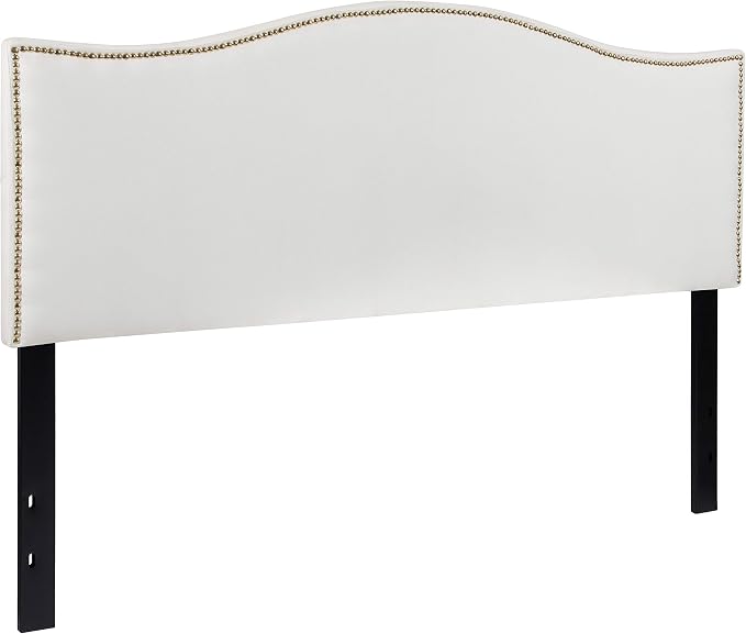 EMMA + OLIVER Upholstered Queen Size Headboard with Nailtrim in White Fabric
