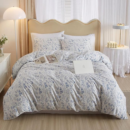 HighBuy Blue Floral Comforter Set Queen White Coquette Bedding Comforter Sets Queen Boho 3 Piece for Women Girl Cottagecore Blue Flower Comforter Set with 2 Pillowcases,Boho Bed Comforter Sets