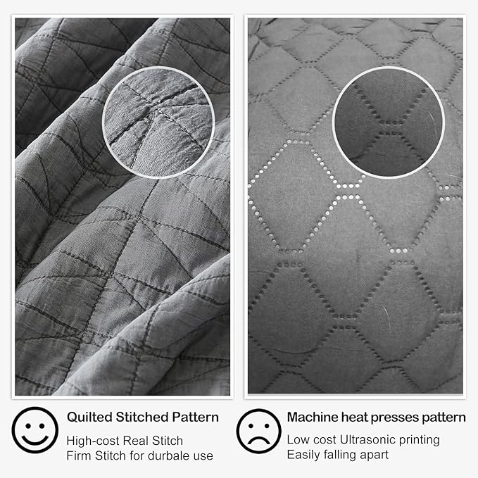 HORIMOTE HOME Quilt Set Queen Size, Stone-Washed Chic Rustic Grey Coverlet with Classic Triangle Stitched Pattern, Ultra Soft Lightweight Quilted Bedspread for All Season, 3 Pieces