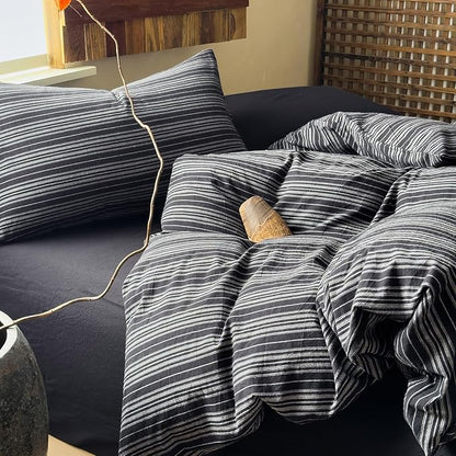 EAVD Retro Black Striped Duvet Cover Twin Soft 100% Washed Cotton Reversible Striped Pattern Bedding Set with 2 Pillowcases Farmhouse Geometric Duvet Cover with Zipper Closure