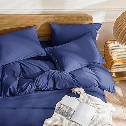 JELLYMONI Cotton Duvet Cover Twin Size - Navy Blue Comforter Cover with Button 100% Washed Cotton 2PCS Breathable Soft Solid Bedding Set Duvet Cover 68×90in & 1 Pillowcase (NO Comforter)