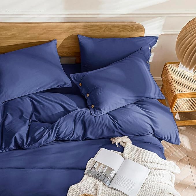 JELLYMONI Cotton Duvet Cover Queen Size - Navy Blue Comforter Cover with Button 100% Washed Cotton 3PCS Breathable Soft Solid Bedding Set Duvet Cover 90×90in & 2 Pillowcases (NO Comforter)