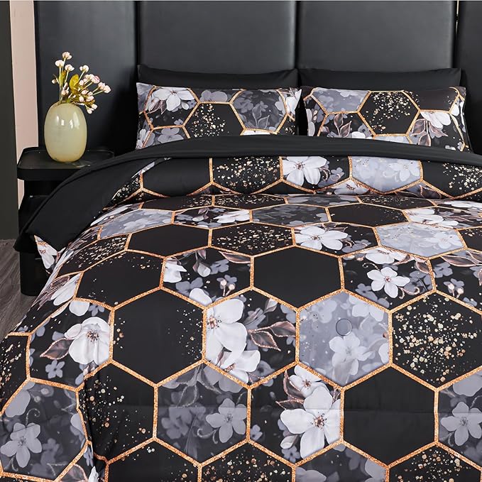 ANGIYUIN Black Gold Full Comforter Sets Floral Print Bedding Sets 7 Pieces Marble Bed in A Bag with Sheets White Flowers Bedding Comforter Sets for Women Men
