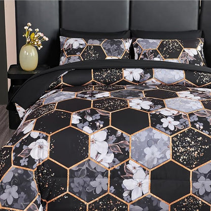 ANGIYUIN Black Gold Full Comforter Sets Floral Print Bedding Sets 7 Pieces Marble Bed in A Bag with Sheets White Flowers Bedding Comforter Sets for Women Men