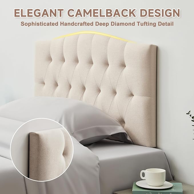Tufted Upholstered Twin Headboard Only, Adjustable Heige 38-50 in, Beige | Twin Size Headboard for Dorm Bed, Durable Linen Fabric Headboards, Twin XL Headboard with Modern Diamon Design Wood