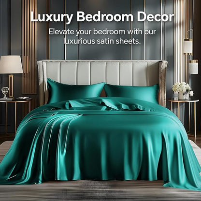 BEDELITE Satin Sheets Queen Size Bed Set, Luxury Soft Teal Silky Sheets for Hair and Skin, Similar to Silk Bed Sheets Set 4 Pieces （1 Deep Pocket Fitted Sheet, 1 Flat Sheet, and 2 Pillowcases）