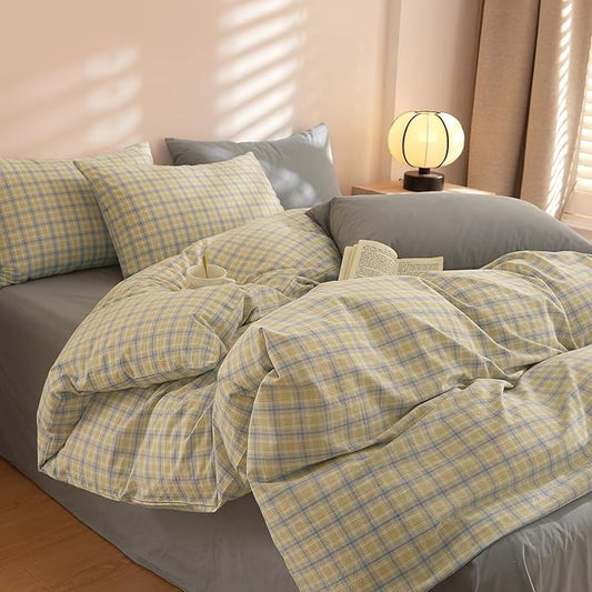 EAVD Blue Yellow Gingham Comforter Set Queen Soft Modern Grid Plaid Comforter Set 3 Pieces Reversible Grid Checkered Pattern Bedding with 2 Pillowcases Farmhouse Gingham Bedding Set for All-Season