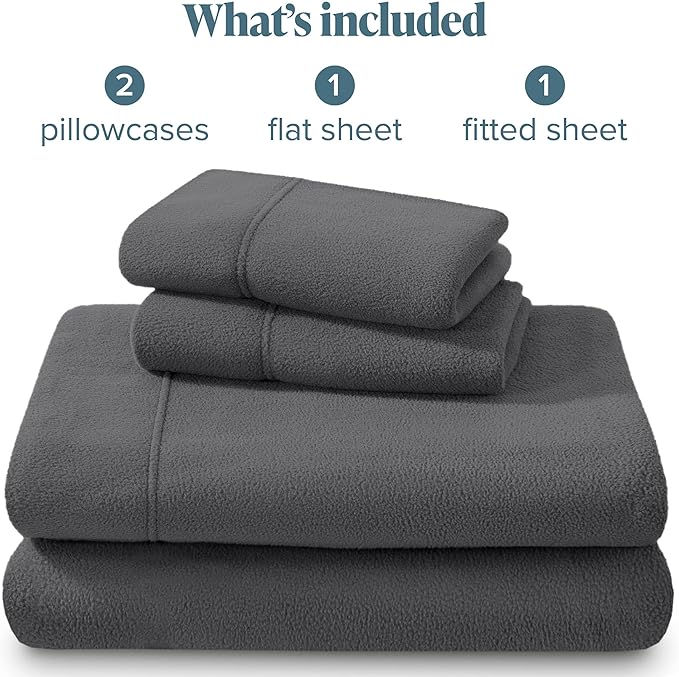 Bare Home Super Soft Fleece Sheet Set - Full Extra Long Size - Extra Plush Polar Fleece, No-Pilling Bed Sheets - All Season Cozy Warmth (Full XL, Grey)