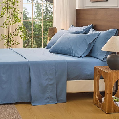 Bedlifes 100% French Flax Linen Sheets Set California King Size-6 Piece Extra Deep Pocket 18-24",Soft Breathable Cal King Bed Sheets with Temperature Regulating & Moisture-Wicking(Flint Blue