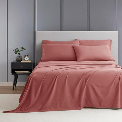 Clara Clark Full Sheets - Hotel Luxury 6 Piece Bed Sheets for Full Size Bed - Soft Bedding Sheets & Pillowcases, Fits Mattress up to 16 inch deep. Full, Pink Clay