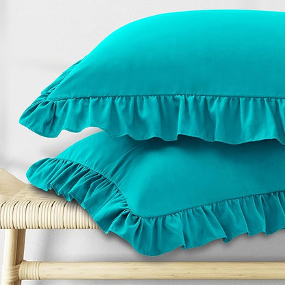 KKJIAF Ruffle Pillow Cases King Size Set of 2, Ruffled Pillow Covers with Envelope Closure, Wrinkle Resistant Ruffled Pillow Shams 20" x 36", Teal