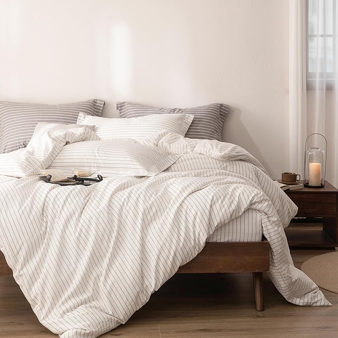 Stripe Duvet Cover King Size 104inch x 90inch,100% Washed Cotton Linen Feel Duvet Cover, Pinstripe Duvet Cover with Zipper Closure and 2 Pillowcases, Color of White and Linen Grey Stripe
