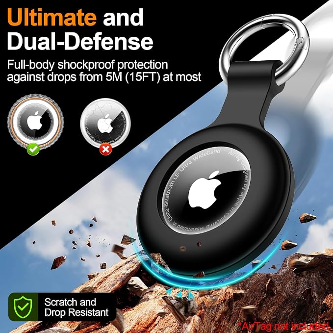 1|2|4Pack for Apple AirTag Holder with Keychain for Air Tag 2nd/1st Gen | Waterproof Air Tag Cover GPS Tracker Anti-Scratch Silicone Air-Tag Case for Pets,Kids,Luggages-4 Black