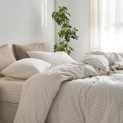 MooMee Bedding Pillowcases Striped Pack of 2 100% Washed Cotton Linen Like Textured Breathable Durable Soft Comfy (White Tannish Linen Grey Wide Stripes, Queen)