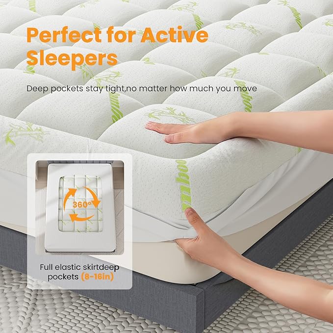 Sweetcrispy Ultra Soft Mattress Topper King Size - Viscose Made from Bamboo Pillow Top Mattress Pad for Breathable Cooling & Back Pain Relief, Deep Pocket Comfort Bed Topper, Green