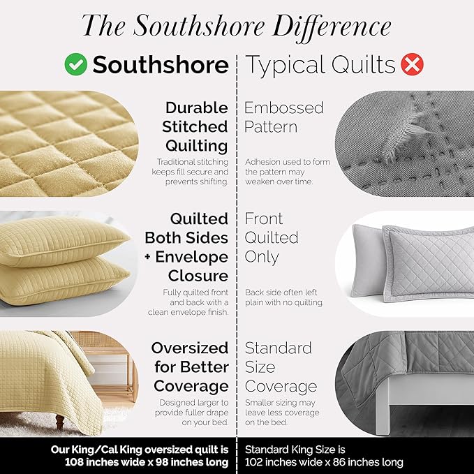 Southshore Fine Living, Inc. King Quilt Bedding Set, Soft, Lightweight Quilt, King Size Coverlet, Stain & Pet Hair Resistant Bedding, Standard or California Size with 2 Pillow Shams, Gold