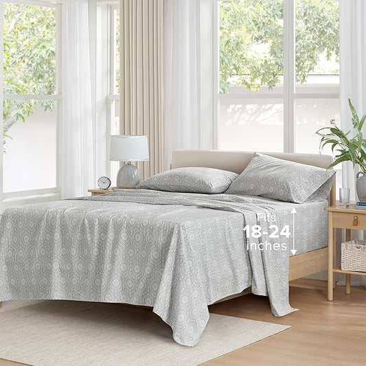 Comfort Spaces Extra Deep Pocket, 100% Cotton King Fits up to 24" Mattress, Breathable, Naturally Cool, Soft, All Seasons Sheet Set, Adelia Grey 4 Piece
