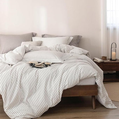 Stripe Duvet Cover Twin Size 90inch x 68inch, 100% Washed Cotton Linen Feel Duvet Cover with Zipper Closure and 1 Pillowcases, Color of White-Dark Grey Stripe