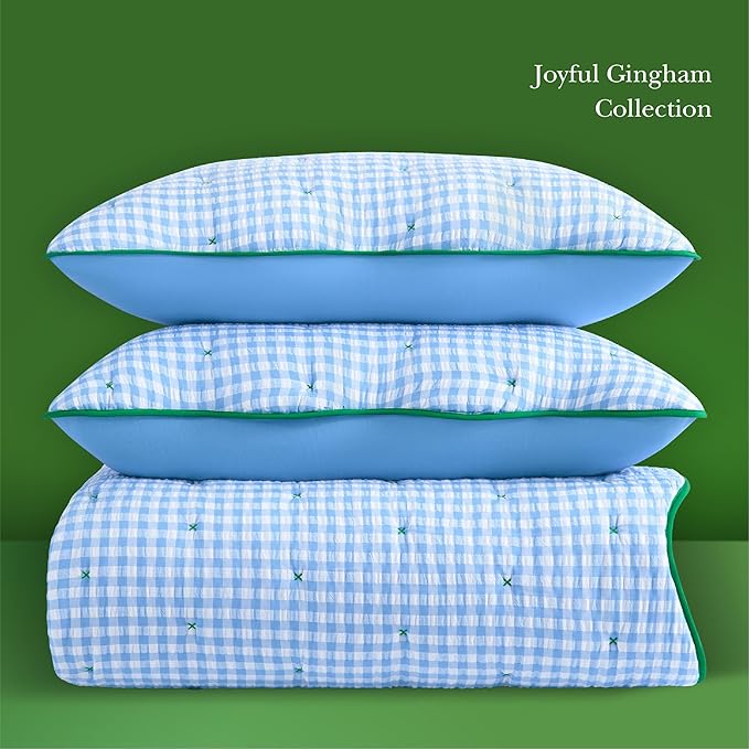 kate spade new york Joyful Gingham 2-Piece Twin Quilt Bedding Set, Poly-Cotton Blend Reversible Cover, All Season Warmth Bedding, Machine Washable, Windy Blue
