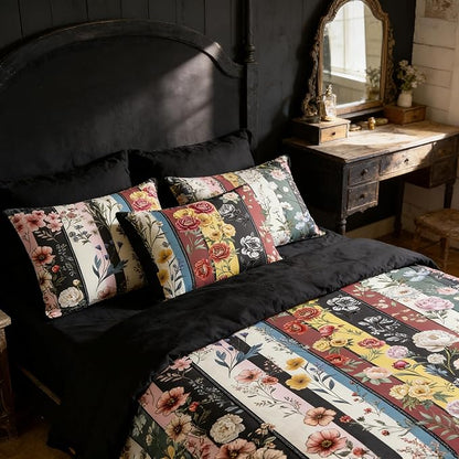 Black Vintage Floral Comforter Set Queen Size, Farmhouse Botanical Flowers Bedding Set for Adult Women Bedroom Decor, 3Pcs Lightweight Microfiber Comforter with 2 Pillowcases, 90"x90"