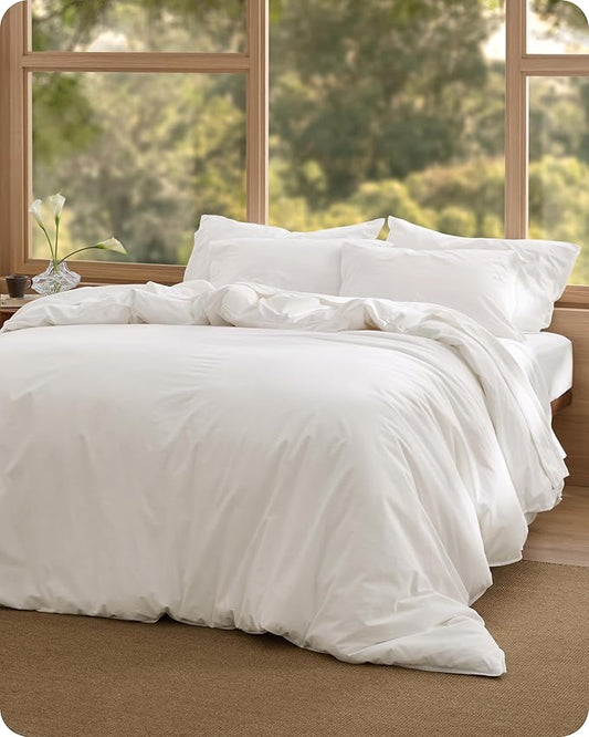 Bedsure Cotton Duvet Cover Queen - Luxury Slub Weave 100% Cotton Duvet Cover Set, PureWoven Bedding Set with a Linen Like Textured, Easy Change, Coconut White, 90" x 90"