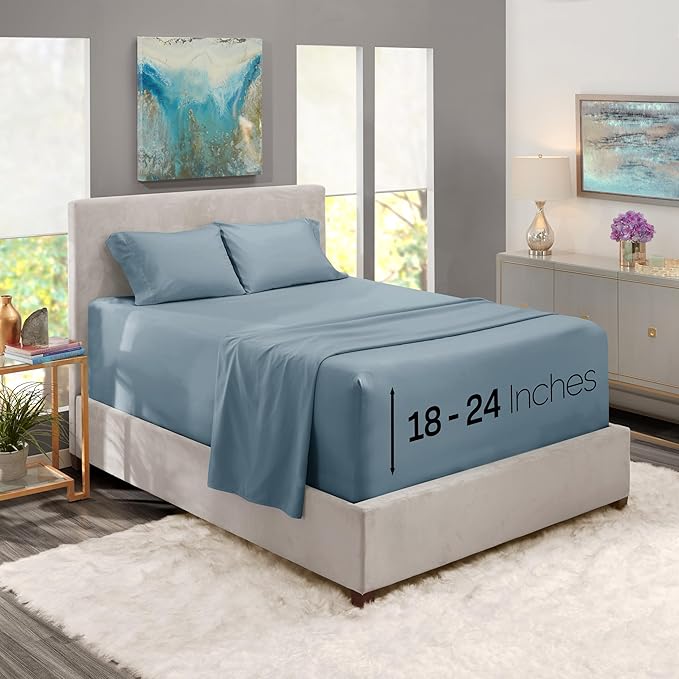 Nestl Full Size Sheet Set, 4 Piece Extra Deep Pocket (18-24 inches), Microfiber, Hotel Luxury, Soft, Breathable, Wrinkle-Free, Easy to Care, Stone Blue