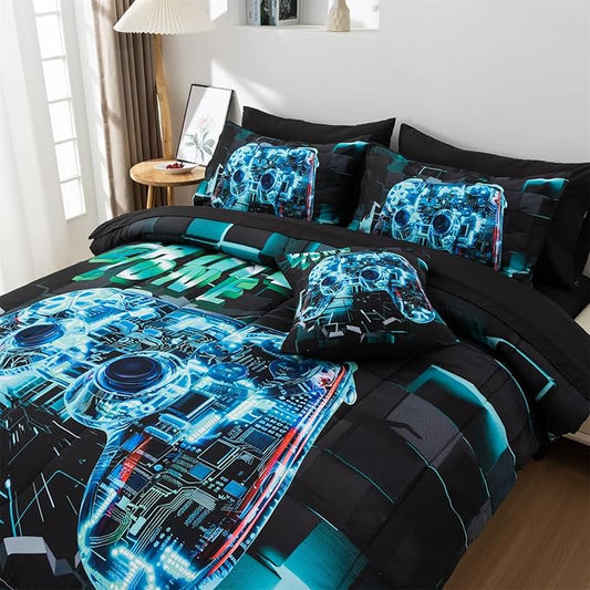 Aimuan Gamer Gaming Bedding Sets 3D Gamepad Comforter Sets for Boys Games Console Action Buttons Novelty Colorful Game Controller Modern Room Decor Home Quilt Set (Cyan, Twin 6PCS)