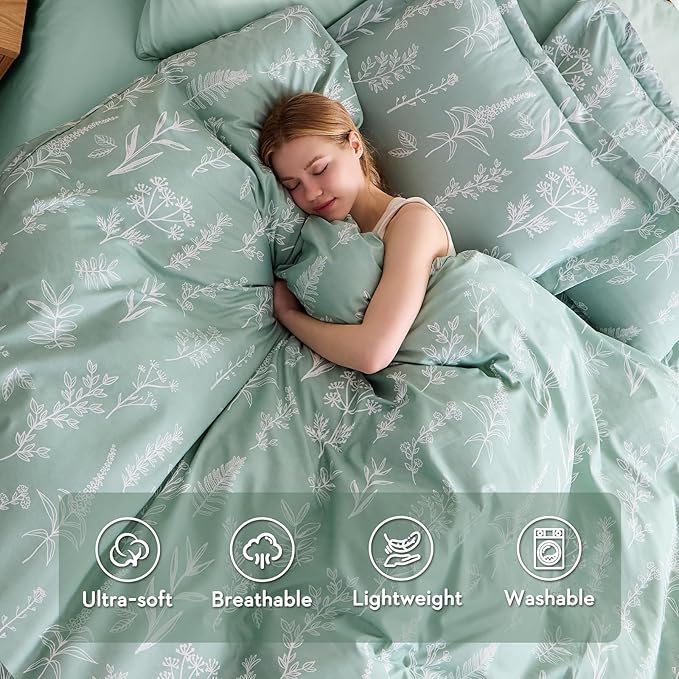MUXHOMO Duvet Cover King Size, Reversible Floral Green Duvet Cover Set with Zipper Closure, 3 Pieces Botanical Patterns Soft Microfiber Bedding Set (90"x104", 2 Pillow Cases 20"×36")