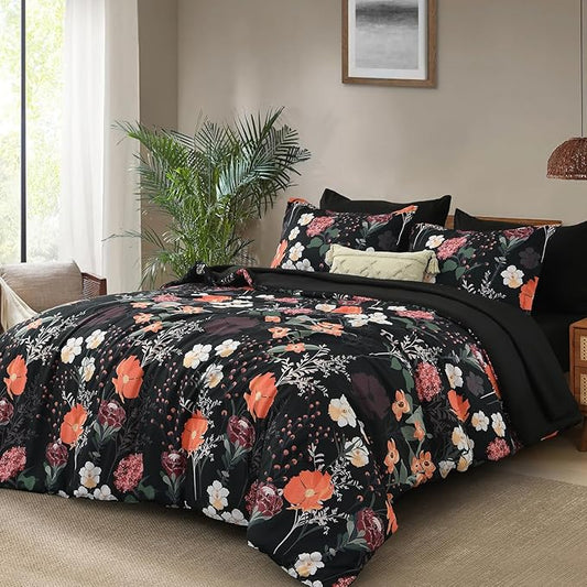 Yiran Black Red Floral Comforter Set Queen Size, 7 Piece Winter Comforter Bedding Set, Colorful Farmhouse Bed in a Bag, Soft Microfiber Complete Bedding Set with Sheets for All Season