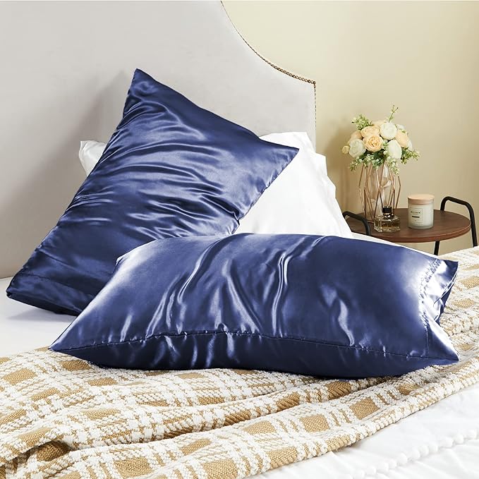 BEDELITE Satin Pillowcase for Hair and Skin, Super Soft and Cooling Similar to Silk Pillow Cases 2 Pack with Envelope Closure, Gift for Women Men(20"x40" King Size, Navy)