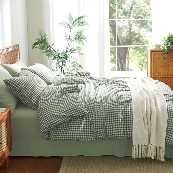 Nayoroom Gingham Duvet Cover King Size 100% Washed Cotton Green Plaid Checkered Comforter Cover 3 Pcs Soft Breathable Grid Farmhouse Dorm Bedding Set for All Seasons
