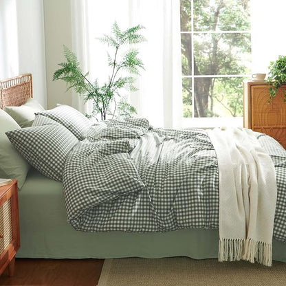 Nayoroom Gingham Duvet Cover King Size 100% Washed Cotton Green Plaid Checkered Comforter Cover 3 Pcs Soft Breathable Grid Farmhouse Dorm Bedding Set for All Seasons