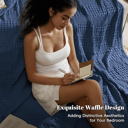 PHF 100% Cotton Waffle Weave Blanket Twin Size for Bed, Soft Lightweight & Breathable for Spring and Summer, All-Season Comfort, Luxury Aesthetic Blanket for Home Decor, 66"x90", Blue Sapphire