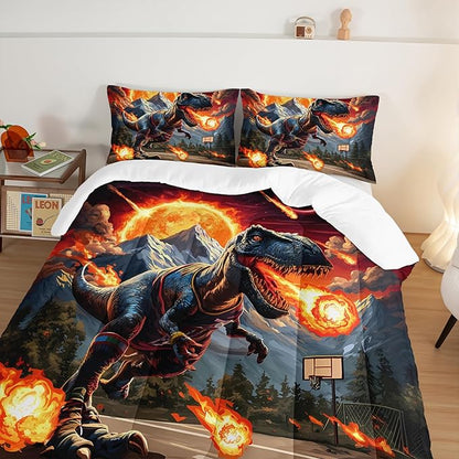 Kids Fun Dinosaur 3 Piece Bedding Set King Size,Cartoon Dinosaur Fireball Comforter Set for Boys Girls Teens Room Decor, Animal Themed Bed in a Bag with 2 Pillowcases.